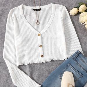 SHEIN White Lettuce Trim Waffle Knit Button Down Crop Top